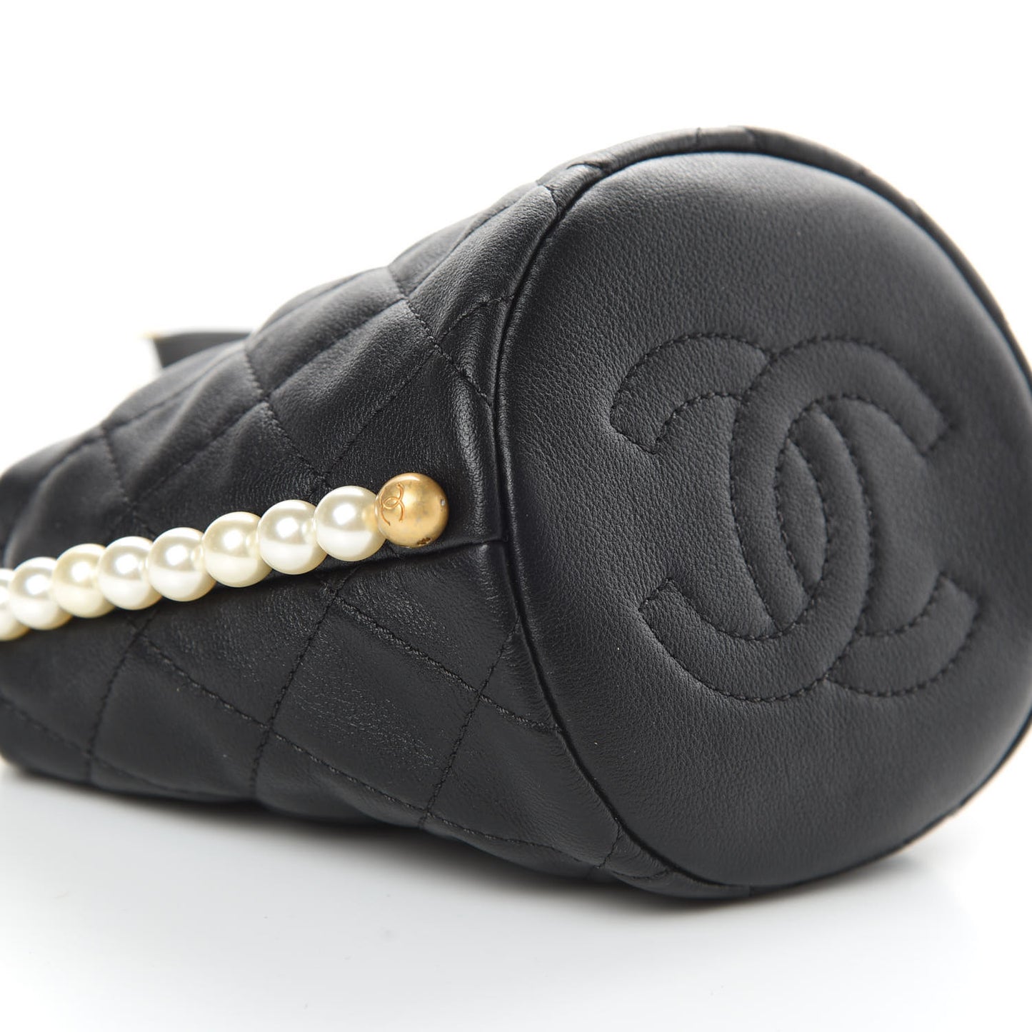 Calfskin Quilted Pearl Mini About Pearls Drawstring Bucket Bag Black