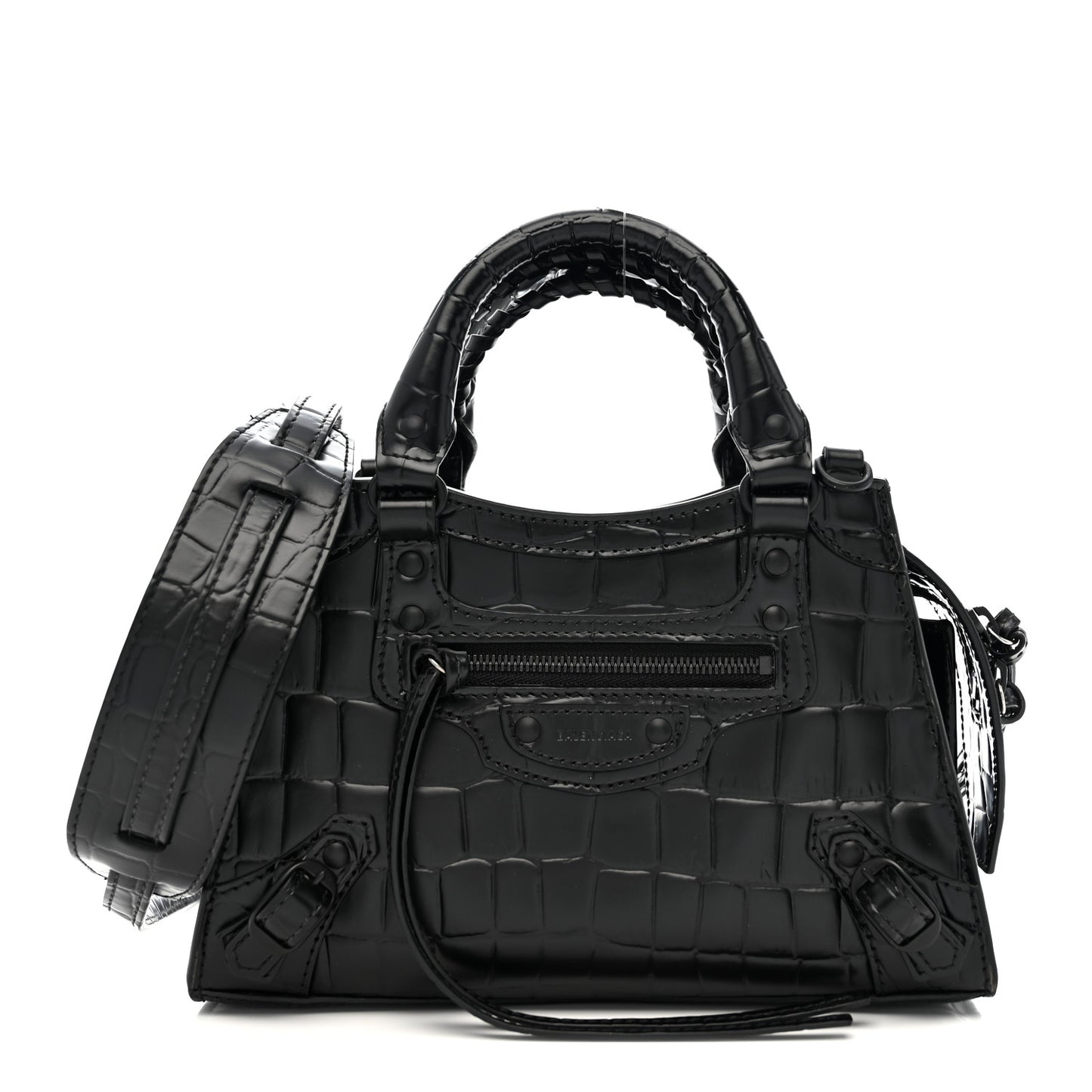 Semi Shiny Calfskin Crocodile Embossed Neo Classic Black Hardware Mini City Black