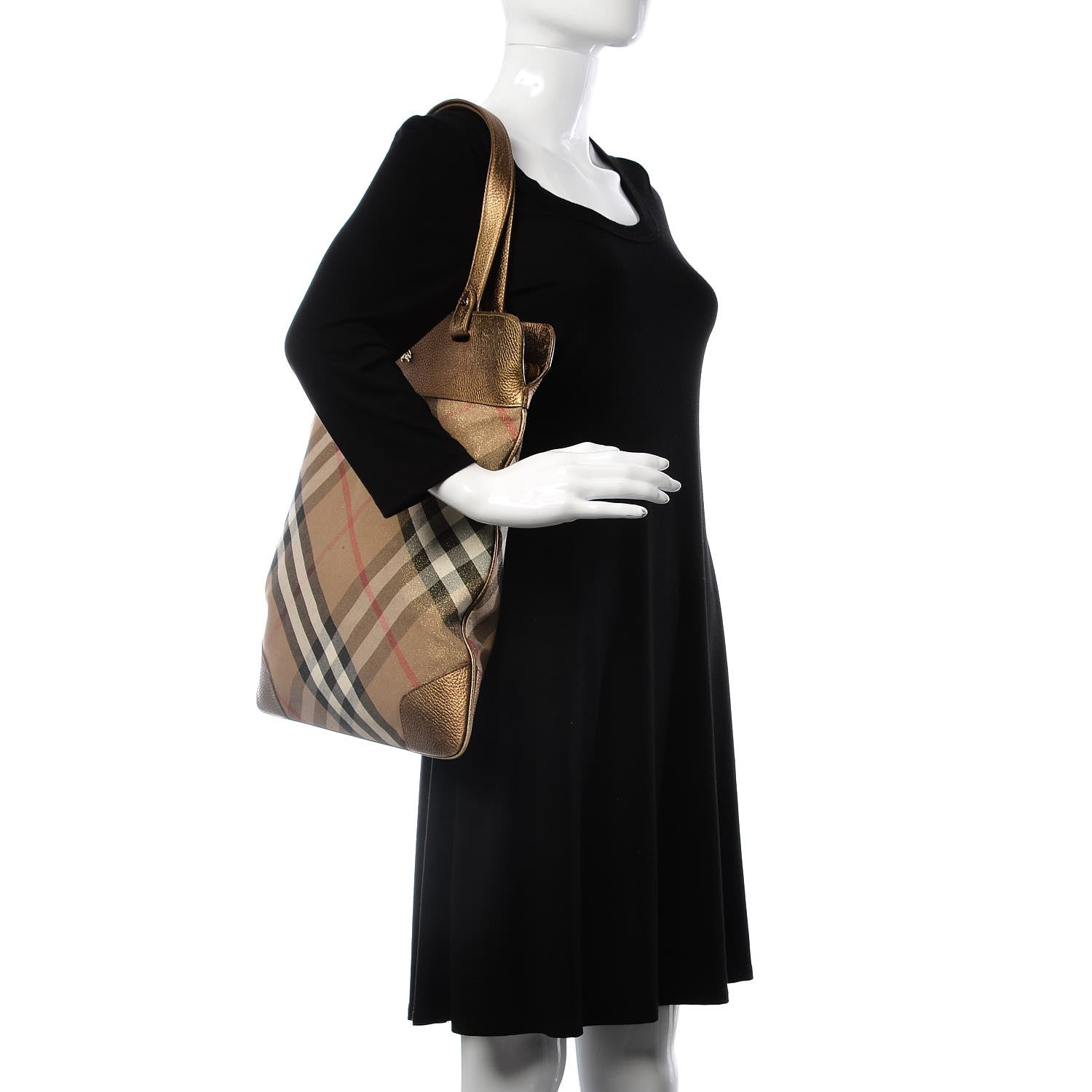 Burberry Metallic Calfskin Nova Check Medium Tote Gold 2 of 12