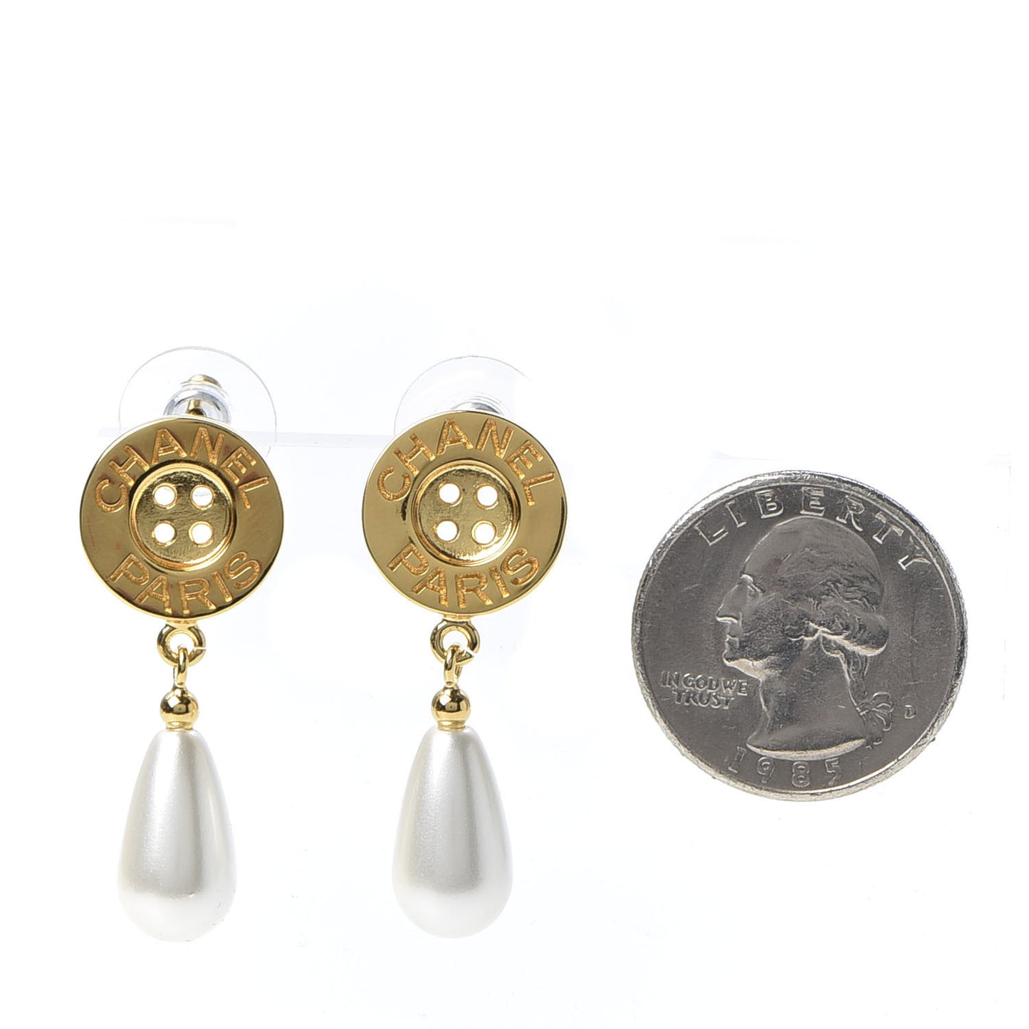 Metal Pearl Paris Button Drop Earrings Gold