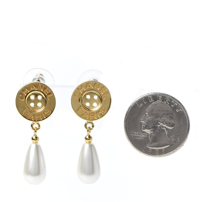 Chanel Metal Pearl Paris Button Drop Earrings Gold 2 of 5