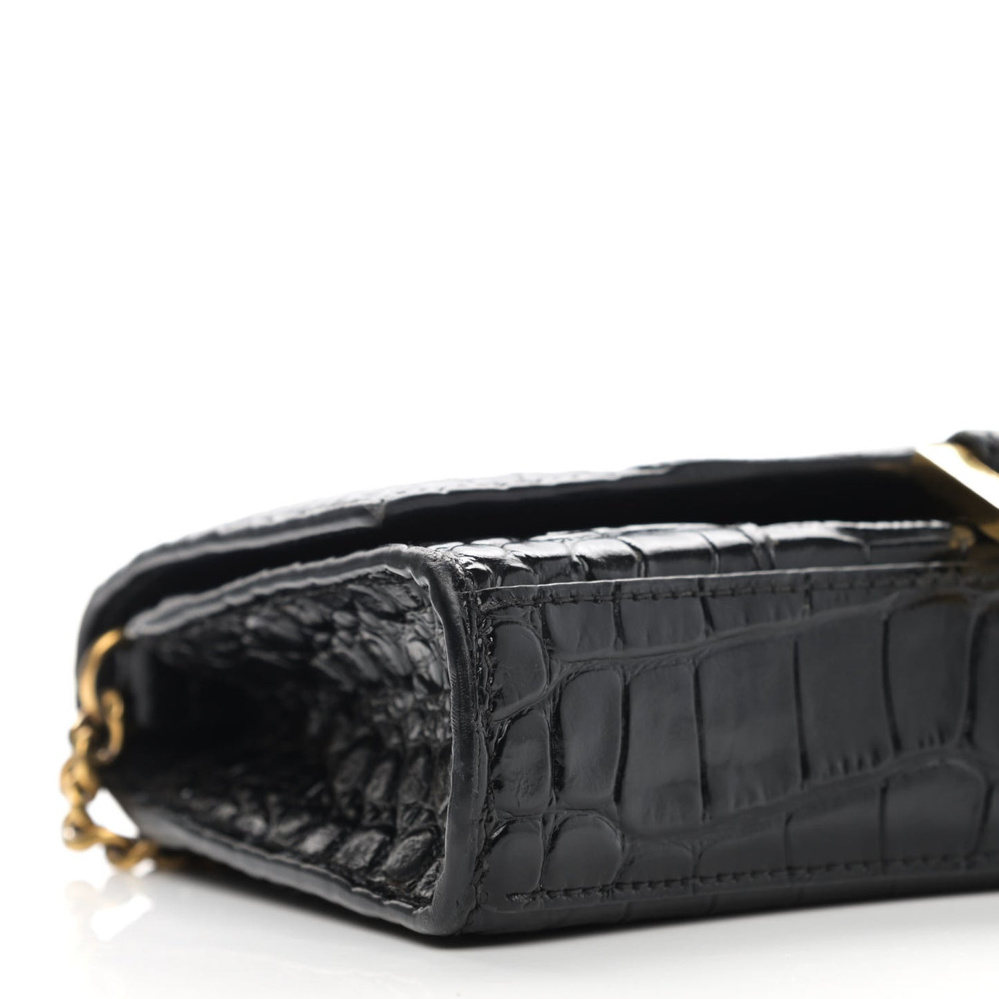 Shiny Calfskin Crocodile Embossed Hourglass Chain Bag Black