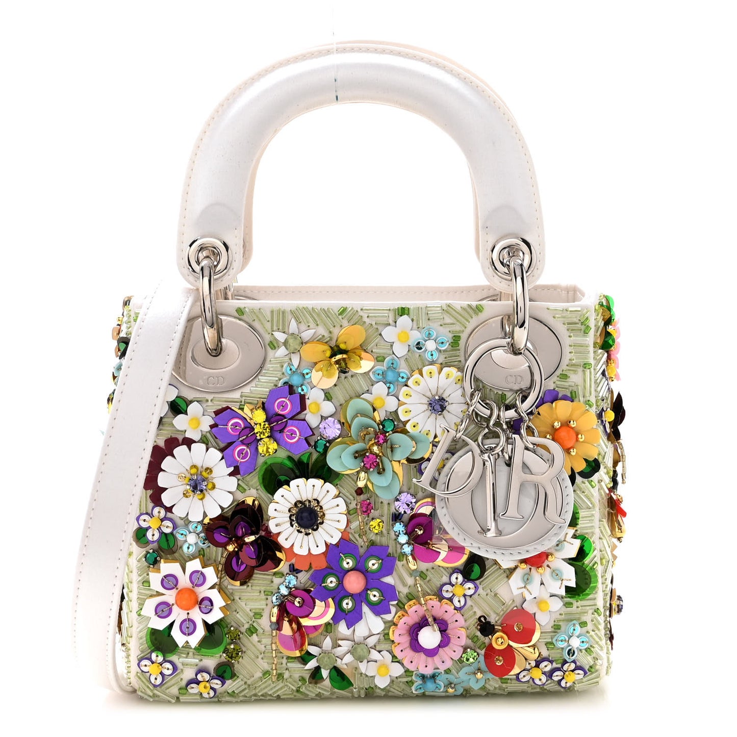 Satin Beaded Floral Embroidered Mini Lady Dior White Multicolor