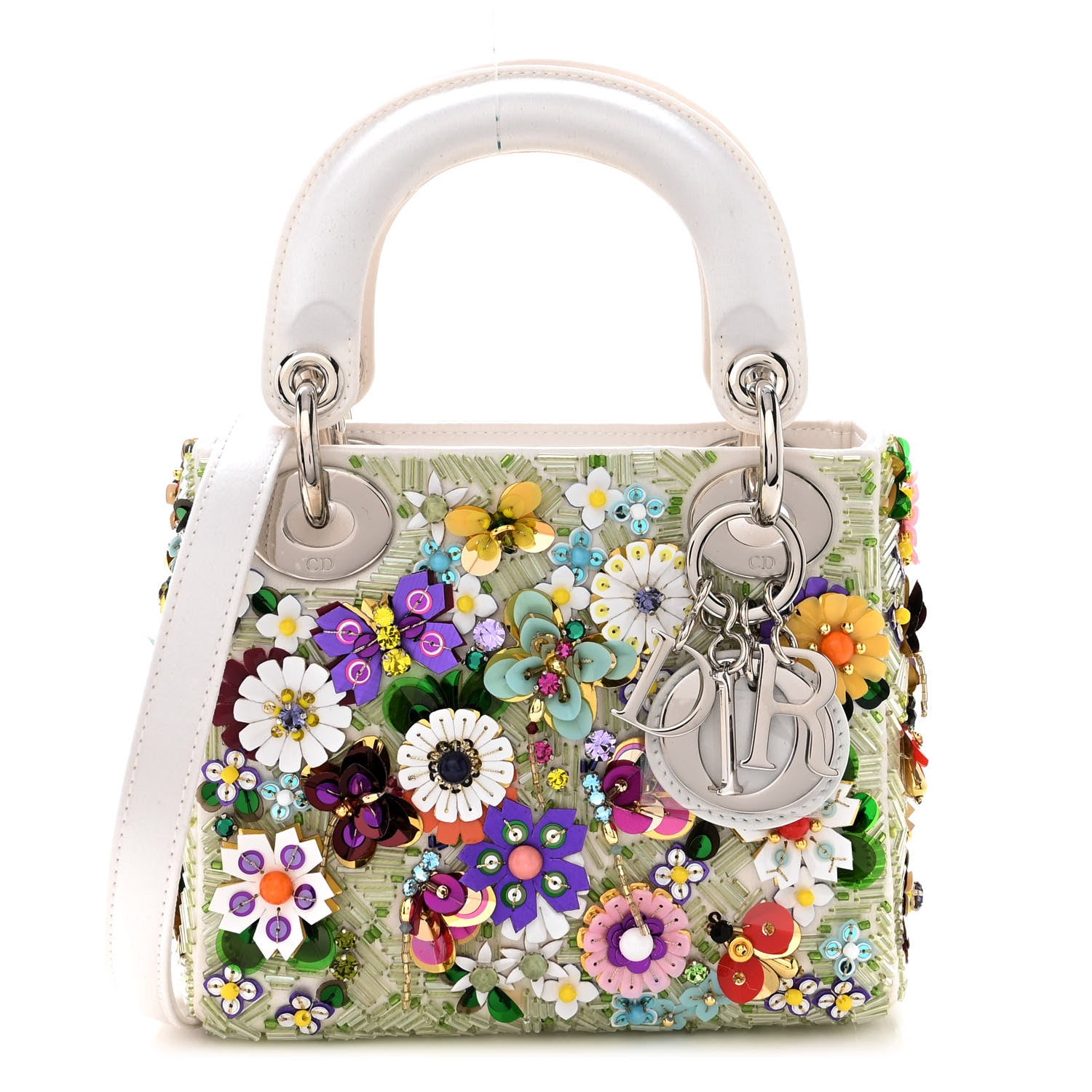 Christian Dior Satin Beaded Floral Embroidered Mini Lady Dior White Multicolor 1 of 10