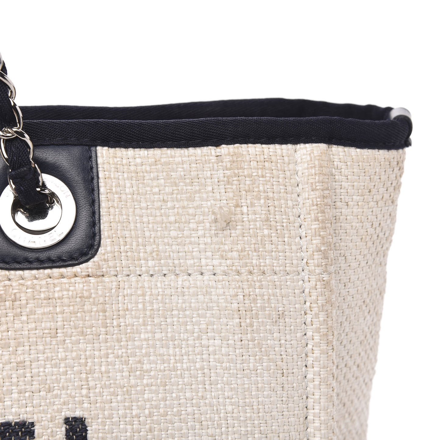 Woven Straw Raffia Small Deauville Tote White Navy