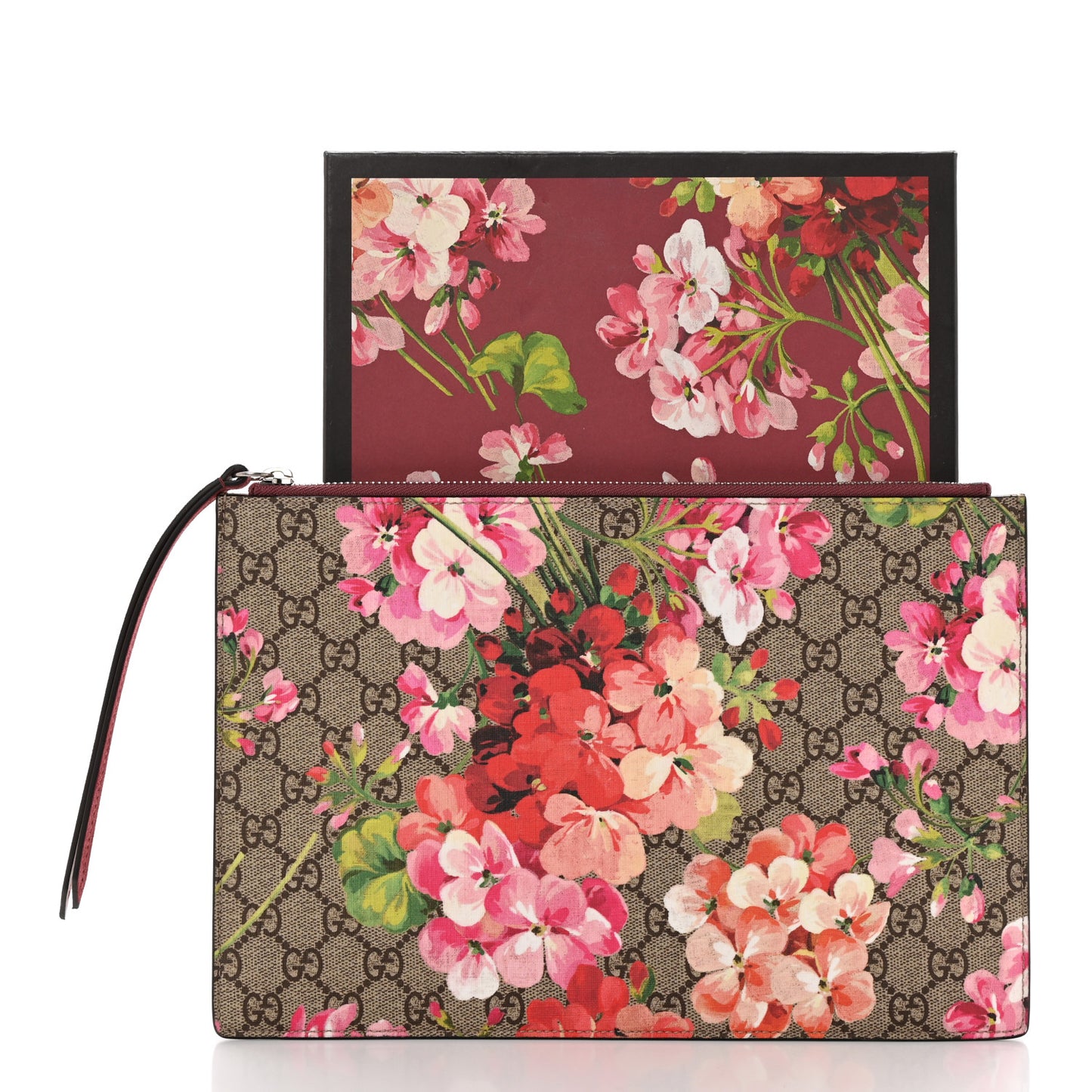 GG Supreme Monogram Blooms Suede Large Zip Pouch Beige Multicolor Dry Rose