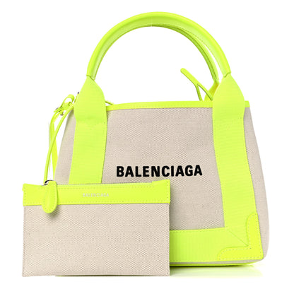 Balenciaga Cotton Canvas Satin Calfskin Navy Cabas XS Natural Fluo Yellow 1 of 17