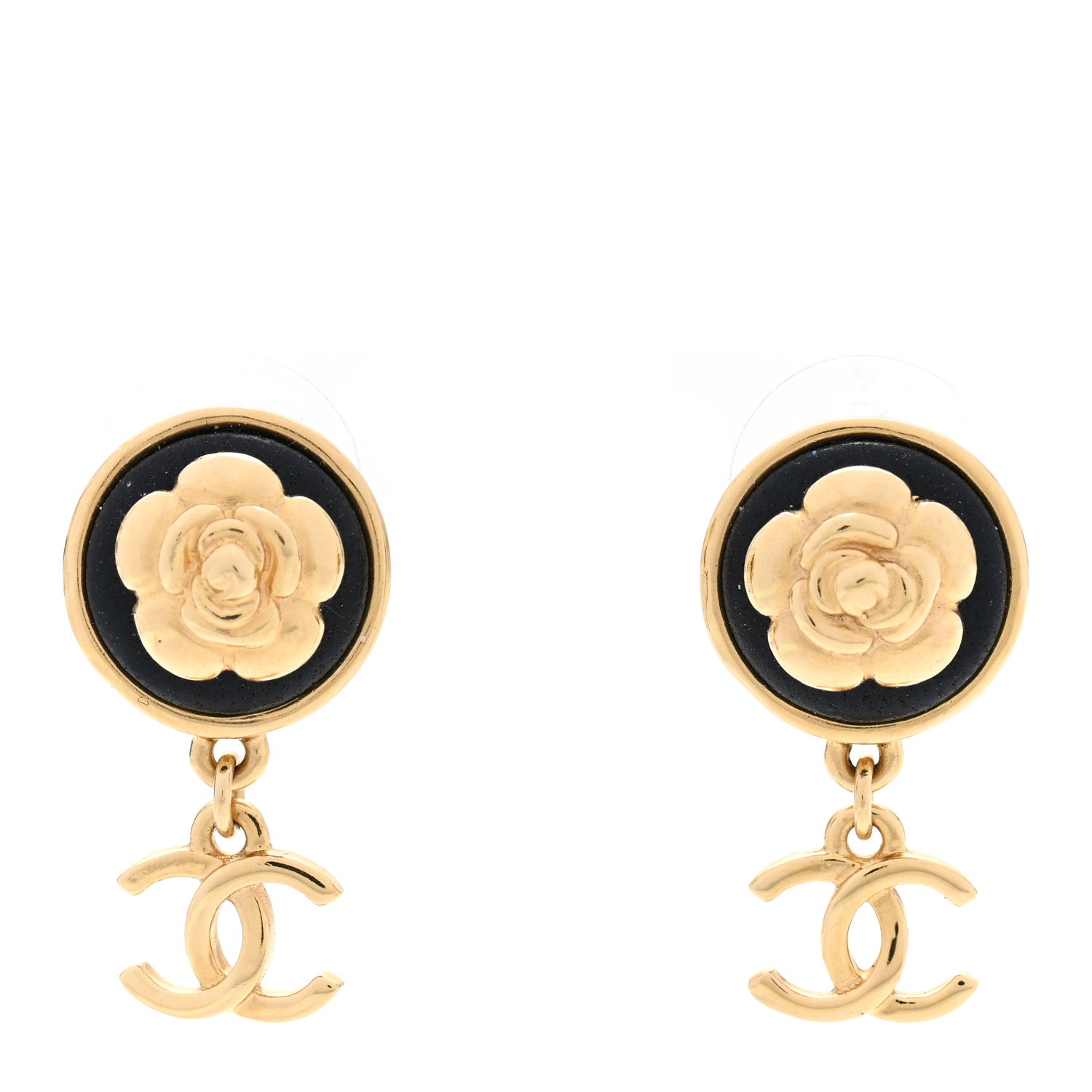 Chanel Metal Lambskin Camellia CC Drop Earrings Gold Black 1 of 5