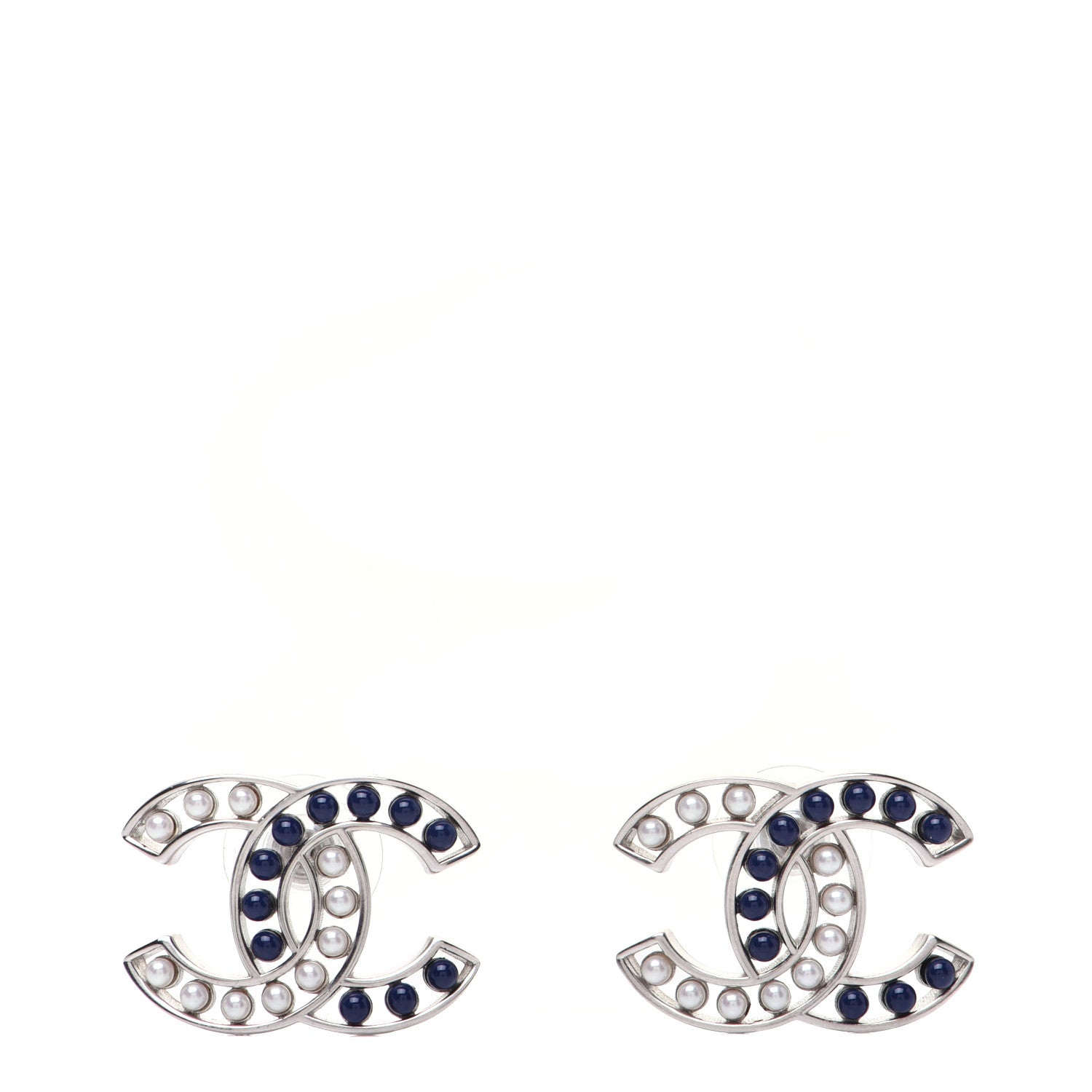 Chanel Pearl Beaded CC Earrings Silver White Blue 1 of 9