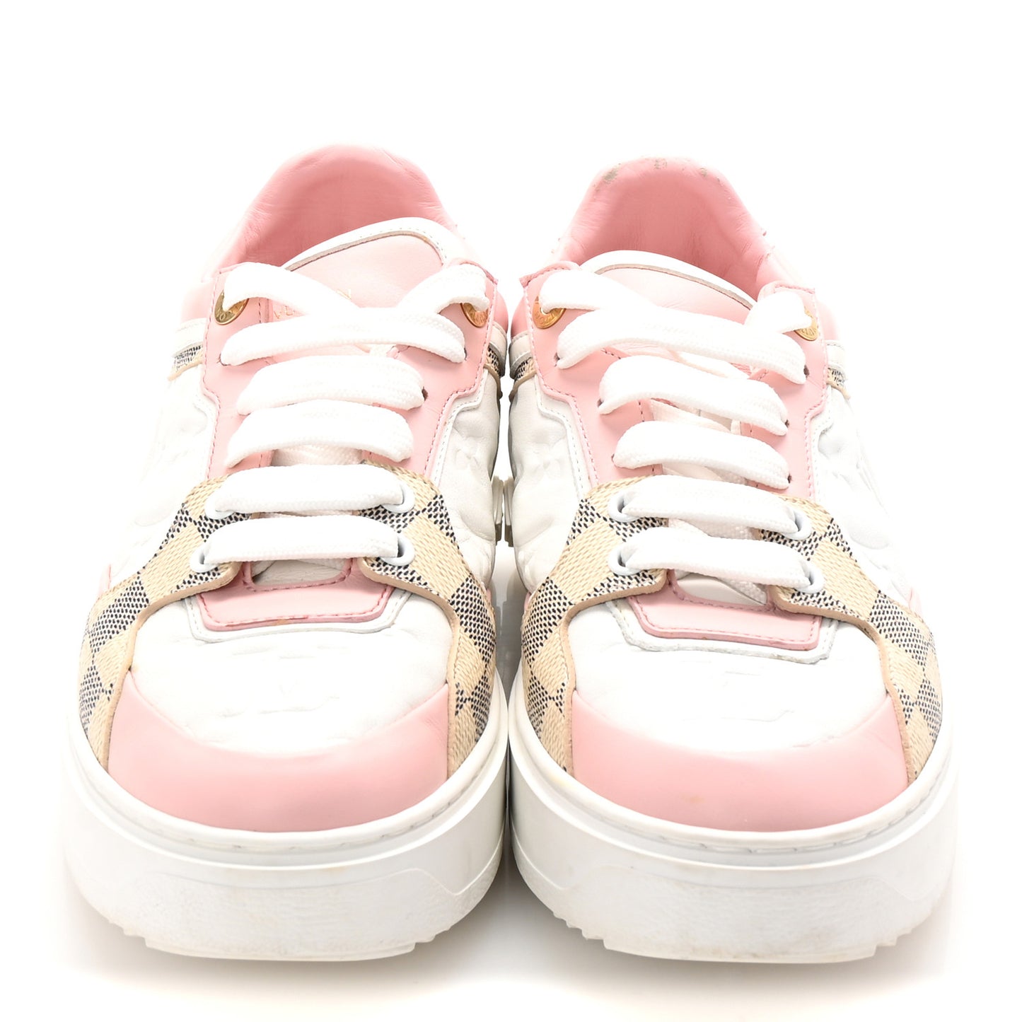 Monogram Embossed Calfskin Damier Azur Time Out Sneakers 38.5 Rose Clair Pink