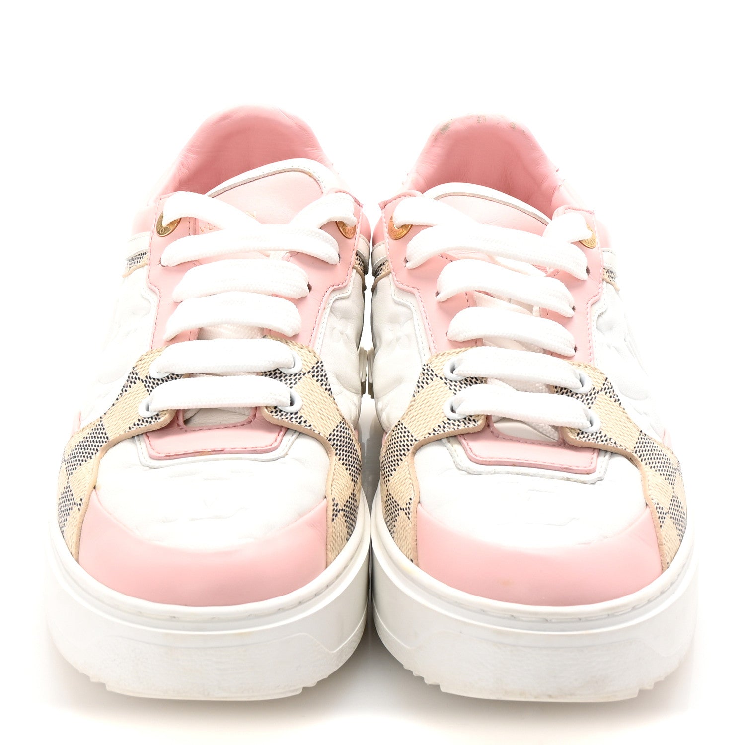Louis Vuitton Monogram Embossed Calfskin Damier Azur Time Out Sneakers 38.5 Rose Clair Pink 3 of 10