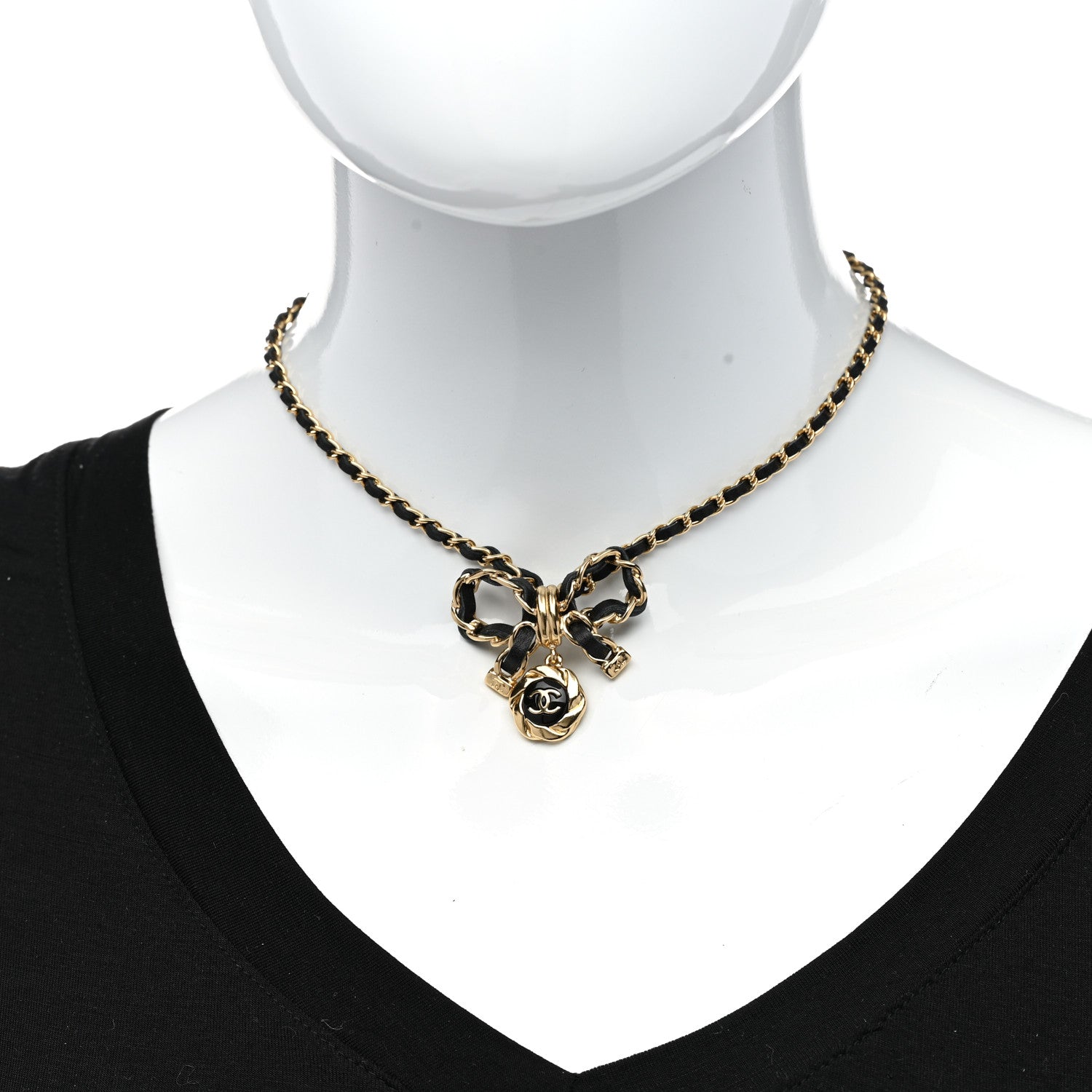 Chanel Metal Lambskin Chain CC Bow Necklace Black Gold 2 of 6