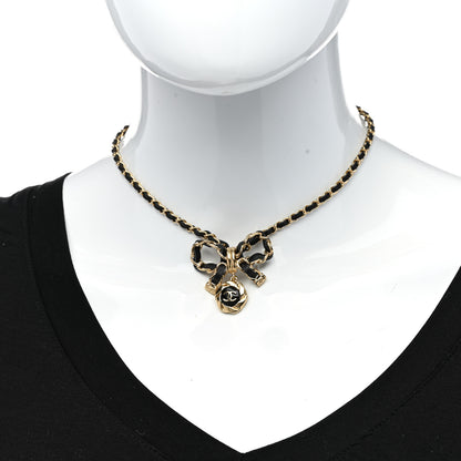 Chanel Metal Lambskin Chain CC Bow Necklace Black Gold 2 of 6