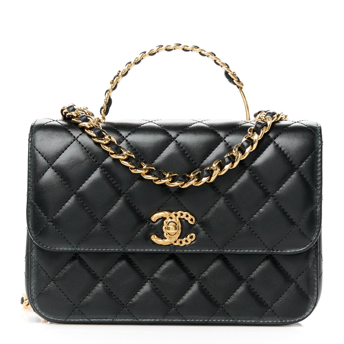 Shiny Calfskin Quilted Small Metal Chain Top Handle Flap Black