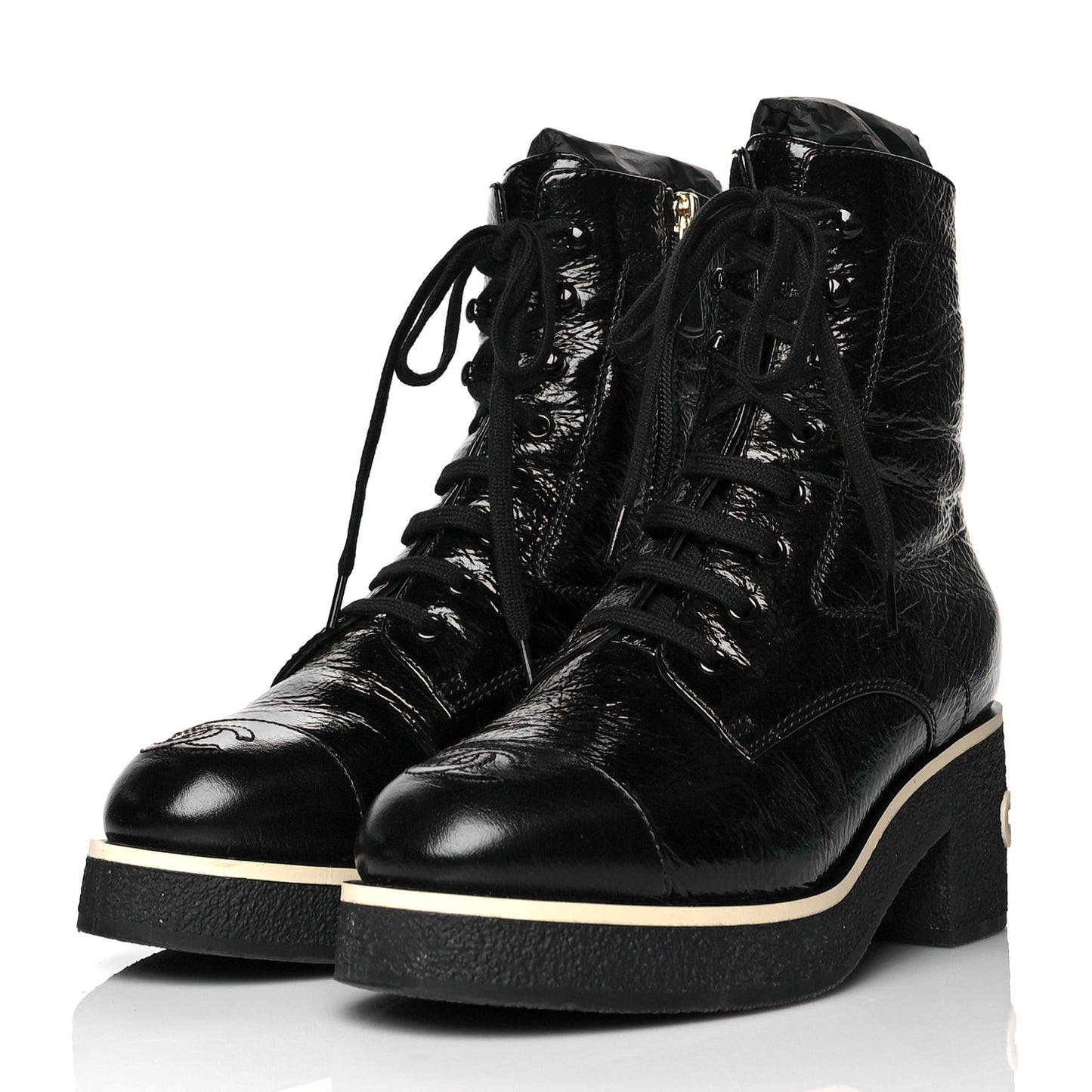 Shiny Crumpled Lambskin Lace Up Combat Boots 38 Black