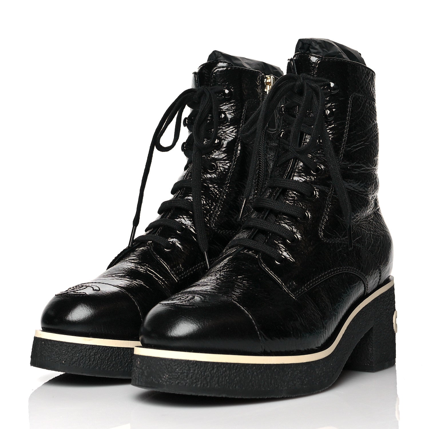 Chanel Shiny Crumpled Lambskin Lace Up Combat Boots 38 Black 3 of 10
