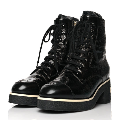 Chanel Shiny Crumpled Lambskin Lace Up Combat Boots 38 Black 3 of 10