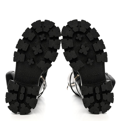 Prada Vitello Lux Nylon Metal Triangle Logo Monolith Pouch Pocket 55mm Tall Combat Boots 36 Black 5 of 11