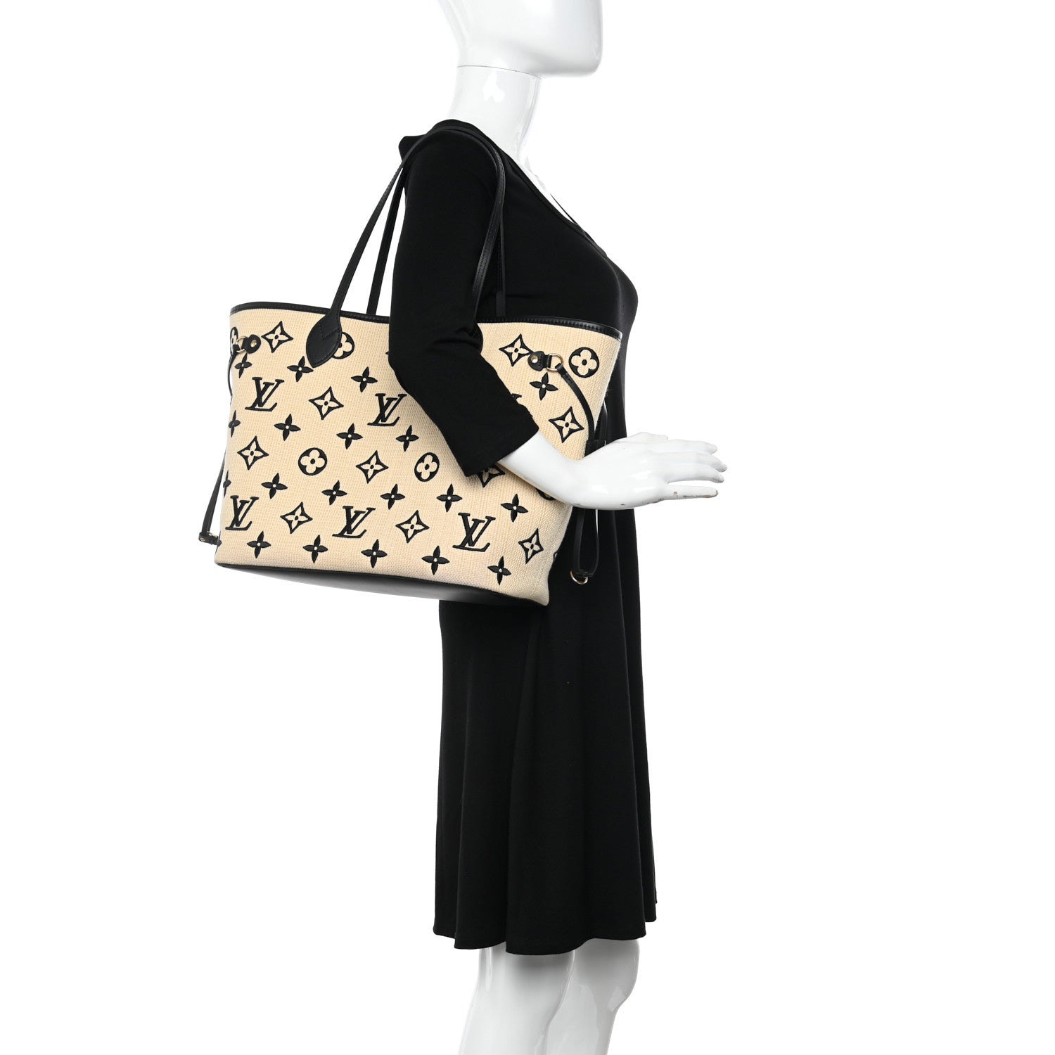Louis Vuitton Cotton Monogram Embroidered Neverfull MM Beige Black 2 of 10