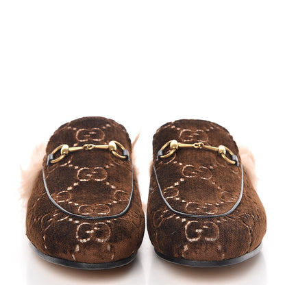 Gucci Velvet GG Monogram Fur Womens Princetown Slippers 39.5 Brown Black Natural 2 of 8