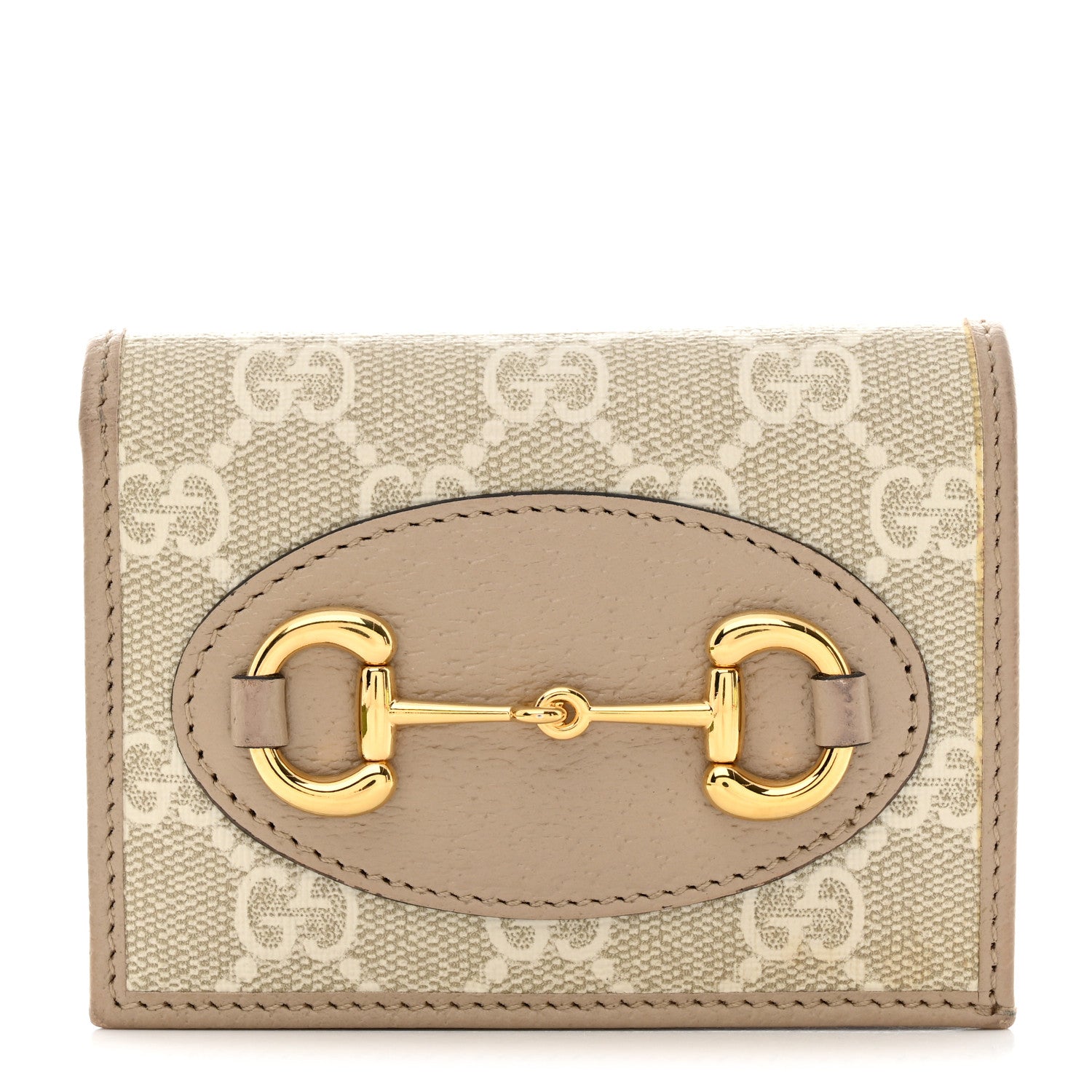 Gucci GG Supreme Monogram Textured Dollar Calfskin Horsebit 1955 Card Case Wallet Beige Mystic White Oatmeal 1 of 8