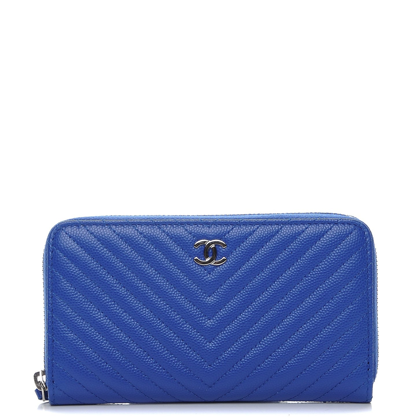 Caviar Chevron Quilted Small Zip Around Wallet Bright Blue