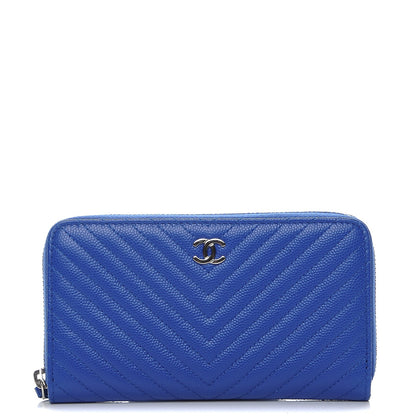 Chanel Caviar Chevron Quilted Small Zip Around Wallet Bright Blue 1 of 9