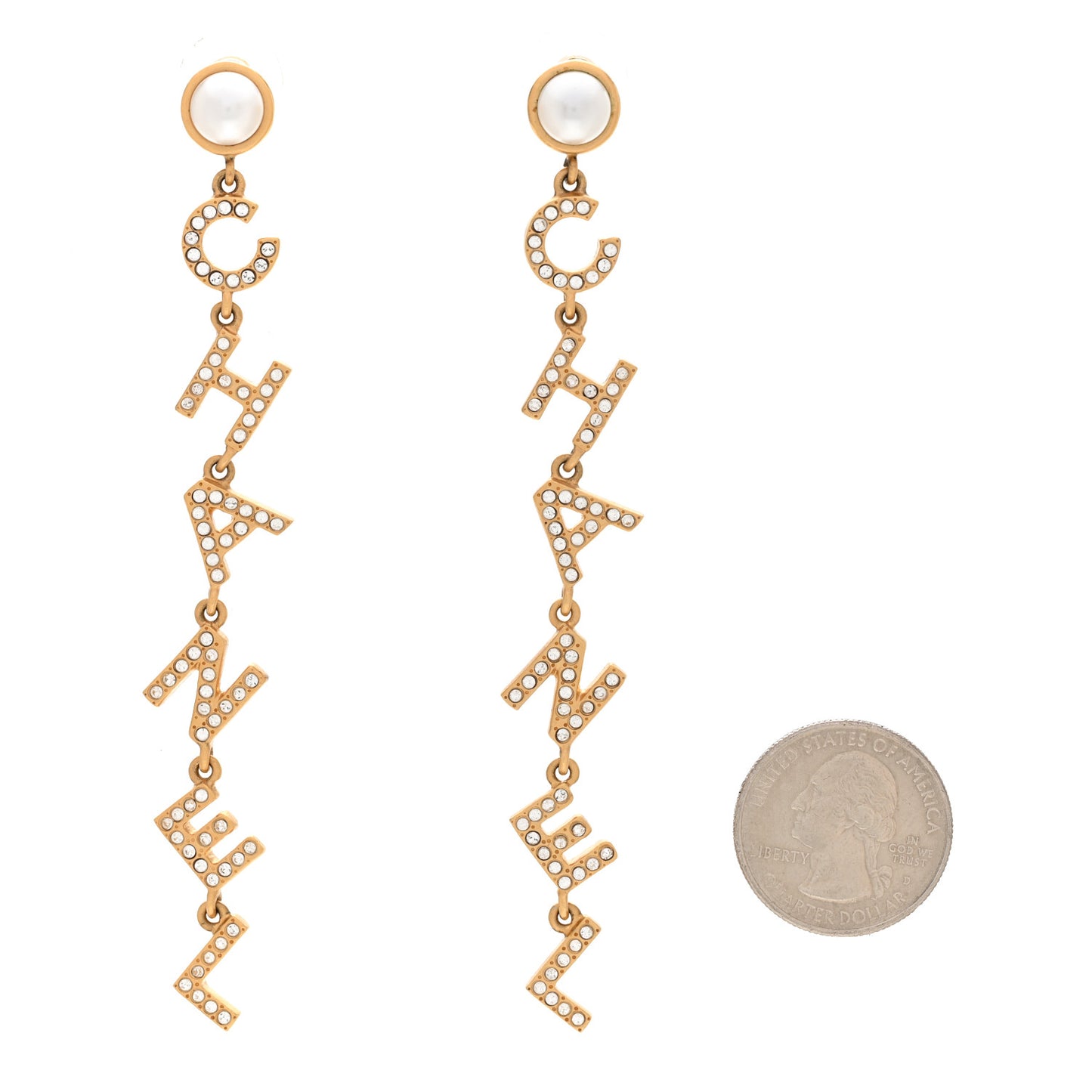 Crystal Pearl Logo Drop Earrings Gold