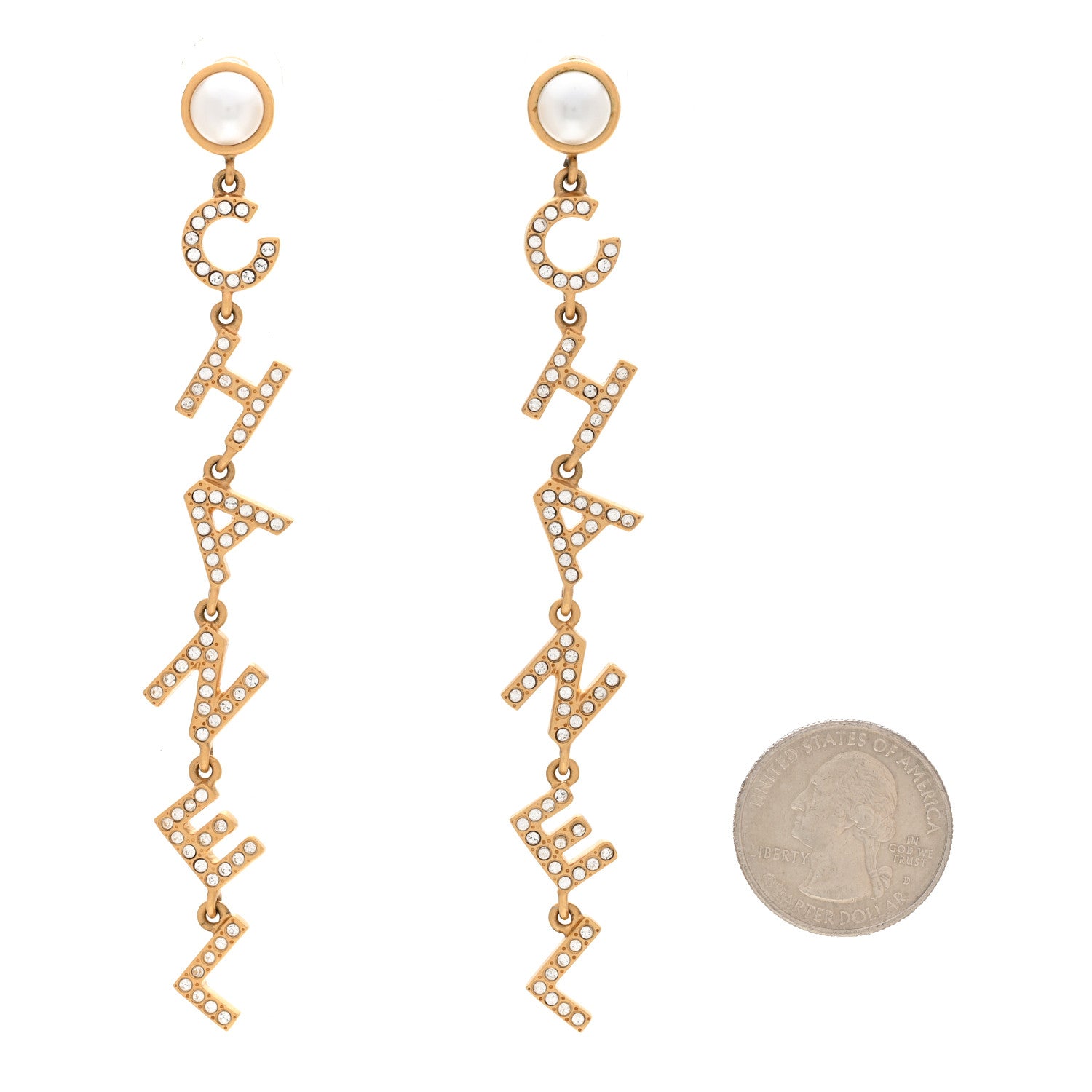 Chanel Crystal Pearl Logo Drop Earrings Gold 2 of 5