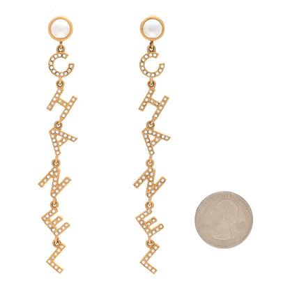 Chanel Crystal Pearl Logo Drop Earrings Gold 2 of 5