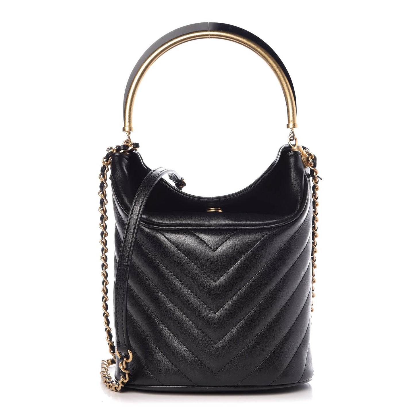 Lambskin Chevron Quilted Handle With Chic Bucket Bag Black