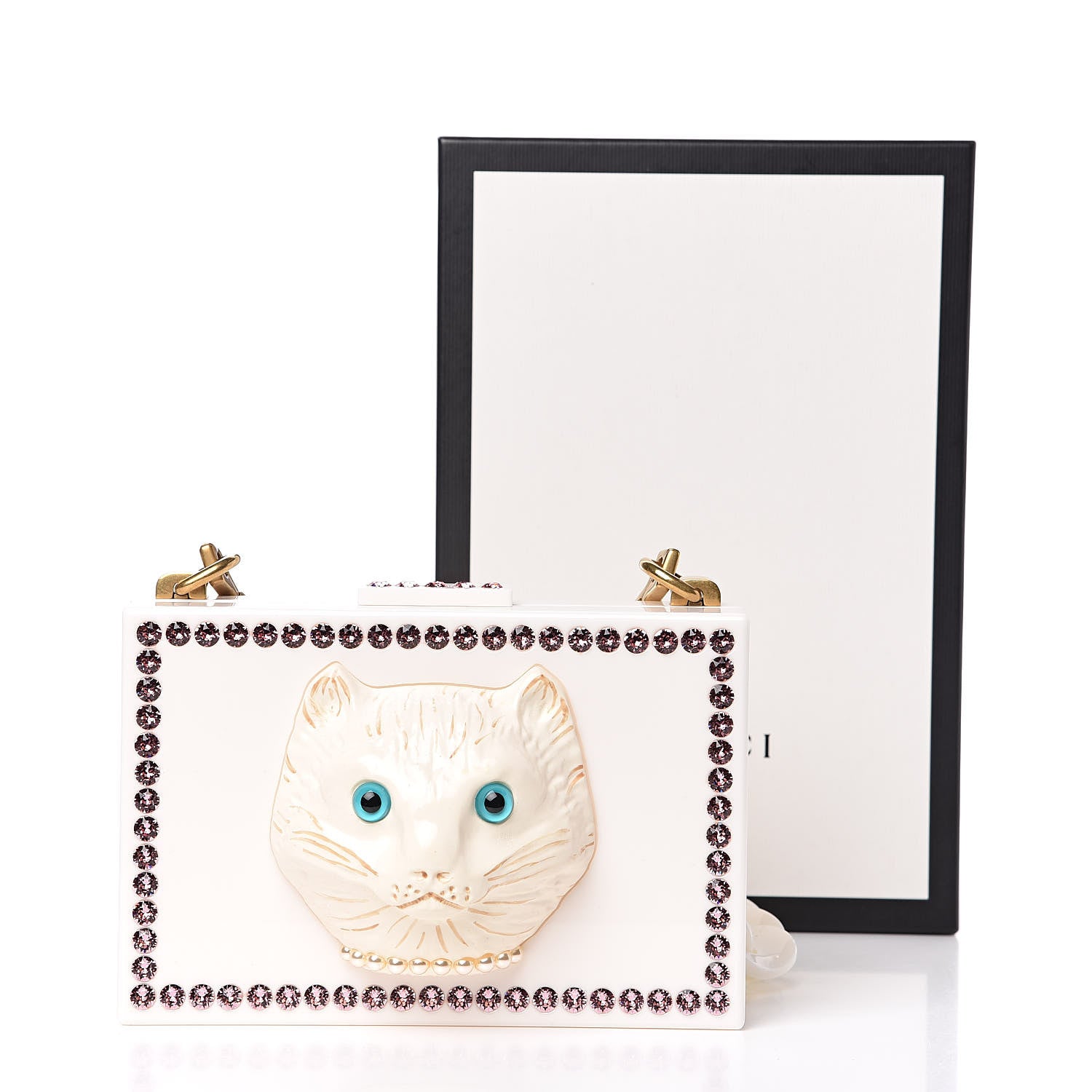 Gucci Plexiglass Crystal Cat Face Box Clutch White 500937