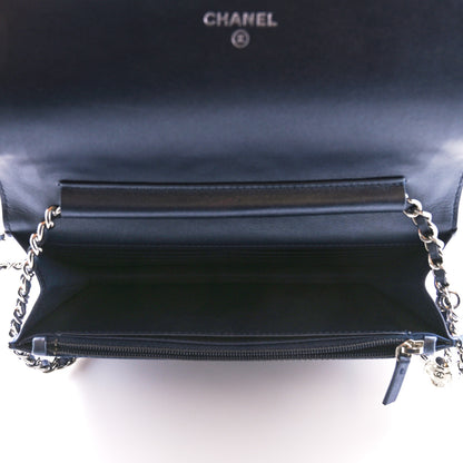 Chanel Goatskin Camellia Embossed Wallet On Chain WOC Blue 5 of 11