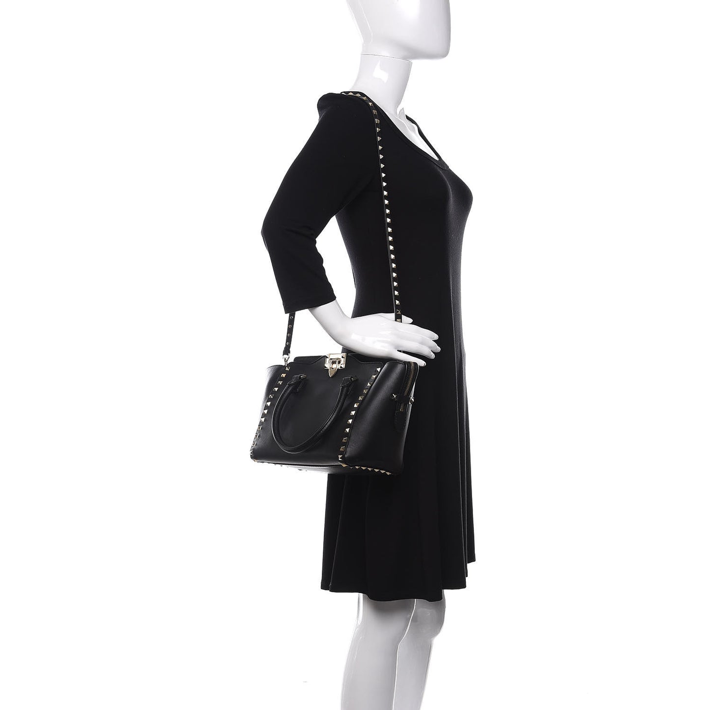 Vitello Small Rockstud Double Handle Tote Black