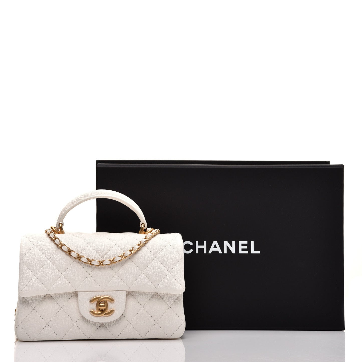 Caviar Quilted Mini Top Handle Rectangular Flap White