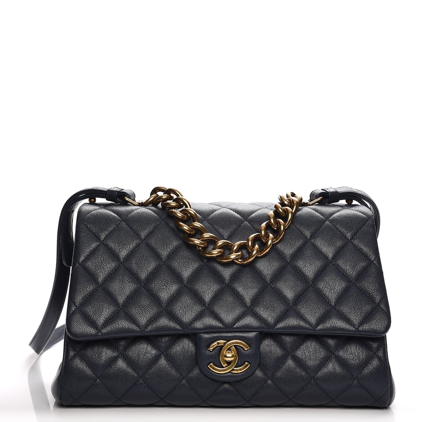 Shiny Sheepskin Quilted Large Trapezio Flap Navy