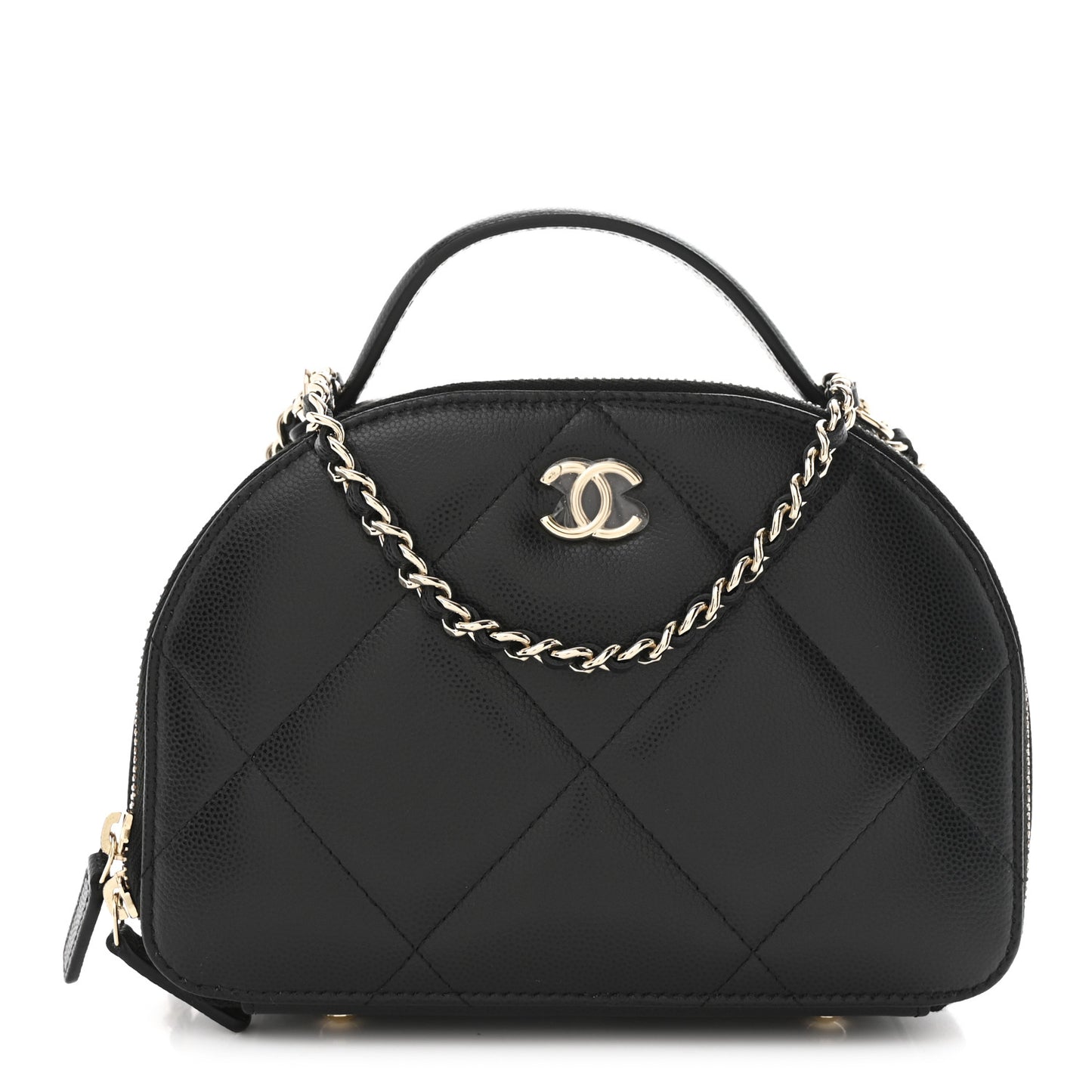 Grained Calfskin Quilted Top Handle Chain Clutch Black