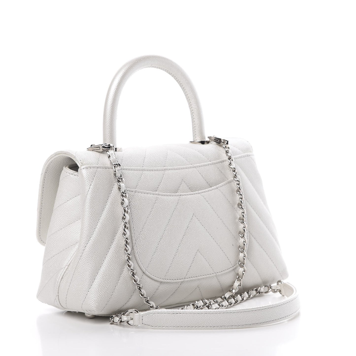 Iridescent Caviar Chevron Quilted Mini Coco Handle Flap White