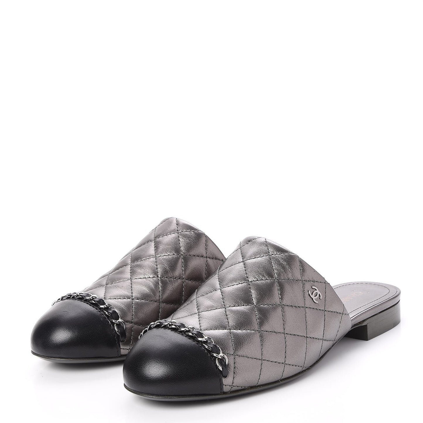 Iridescent Lambskin Quilted CC Chain Mules 37.5 Silver Black