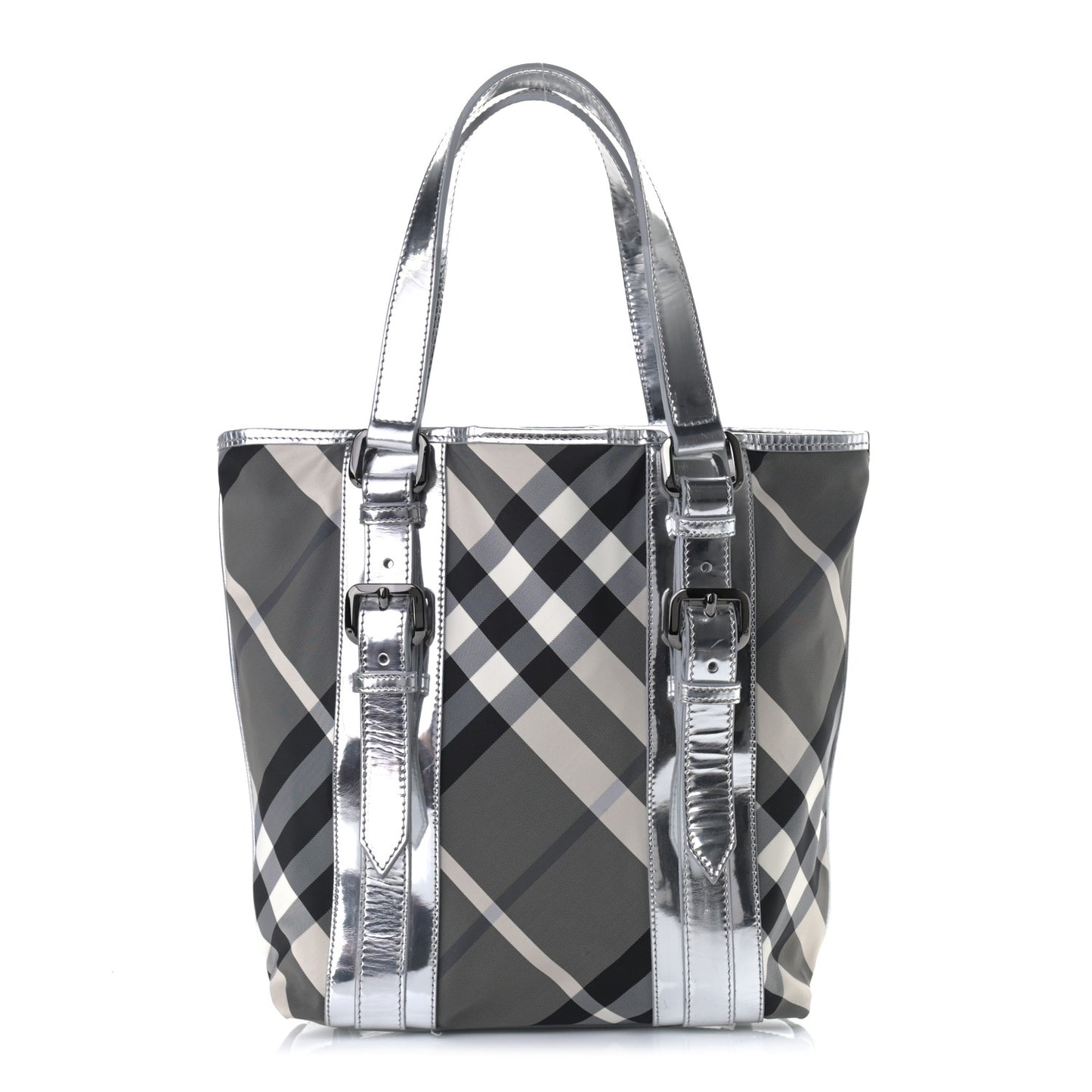 Metallic Calfskin Beat Check Tote Silver
