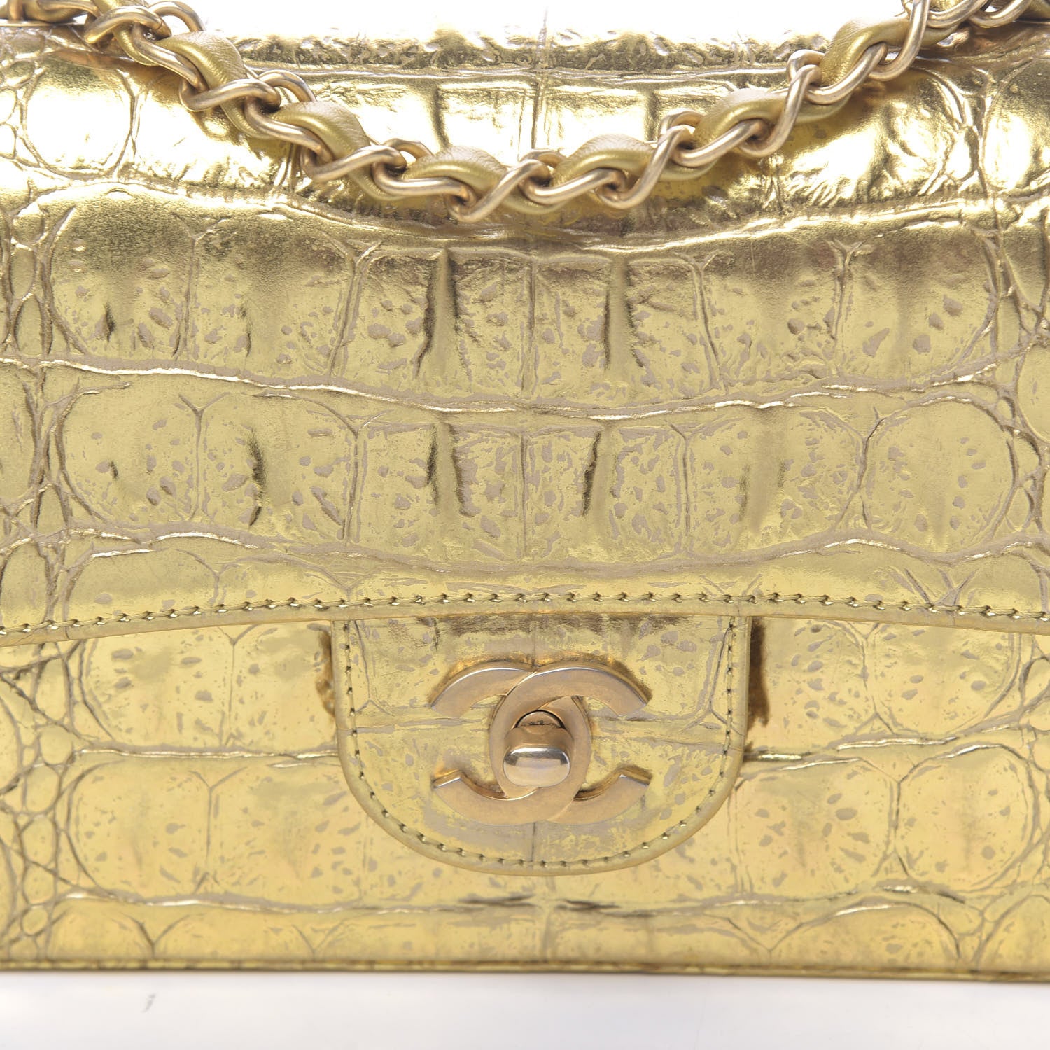 Chanel Metallic Calfskin Crocodile Embossed Cocodile Rectangular Mini Flap Gold 10 of 11