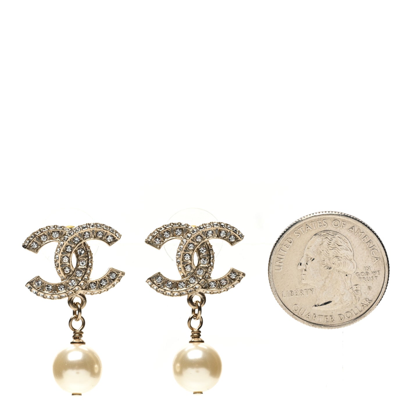 Pearl Crystal CC Drop Earrings Light Gold
