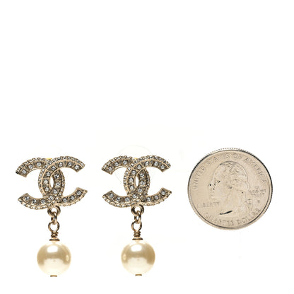 Chanel Pearl Crystal CC Drop Earrings Light Gold 2 of 5