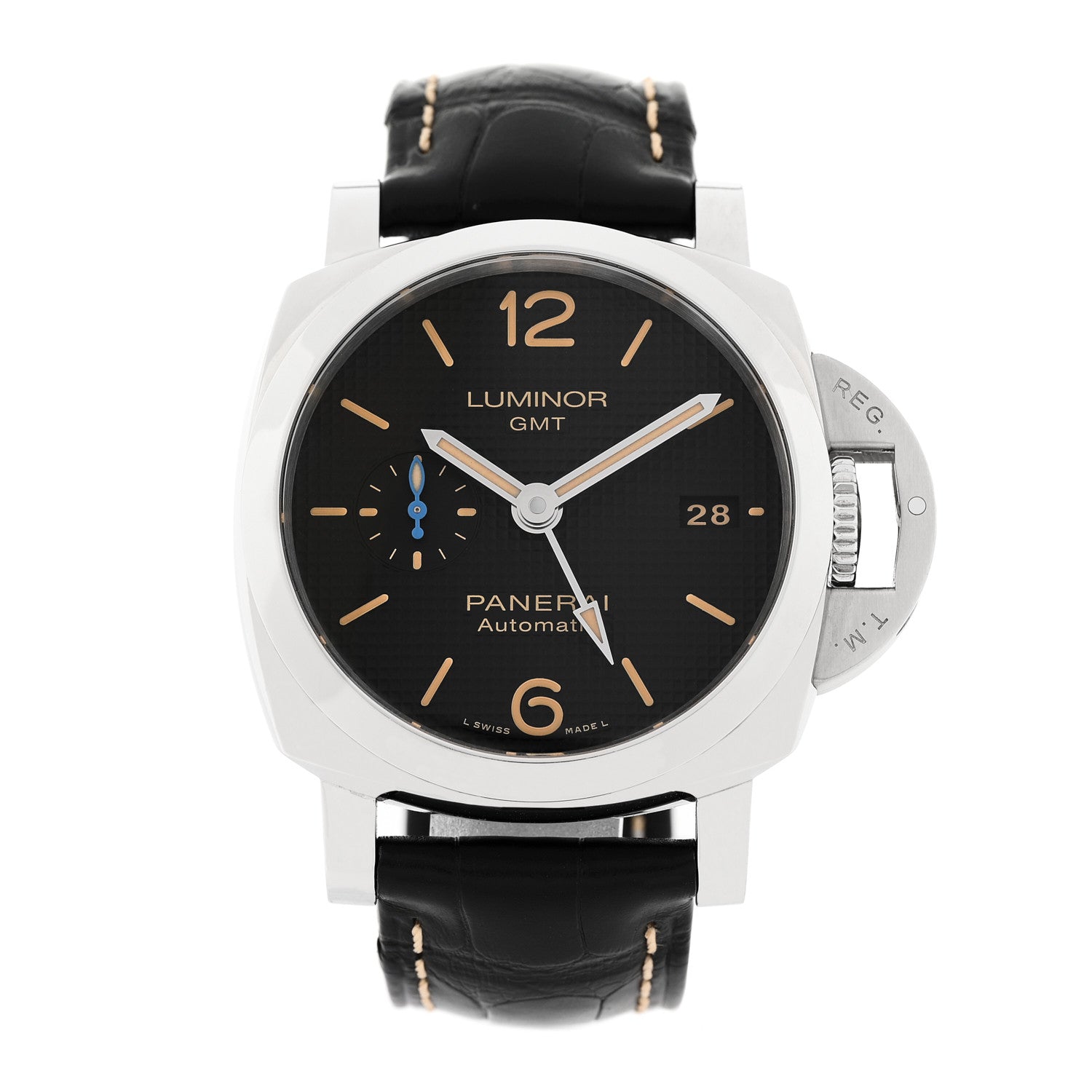 Panerai Stainless Steel Alligator 42mm Luminor 1950 3 Days GMT Automatic Watch Black PAM01535 1 of 5