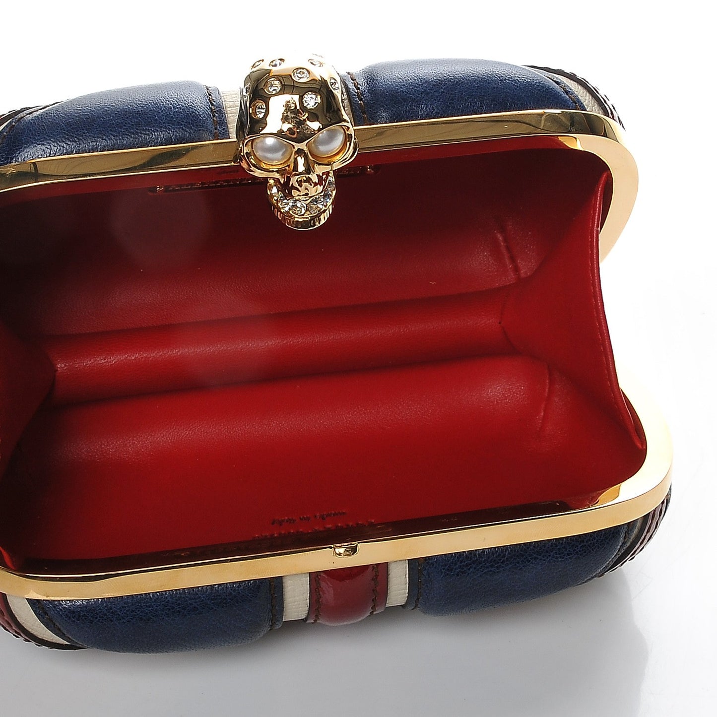 Patent Calfskin Britannia Skull Box Clutch Red Blue