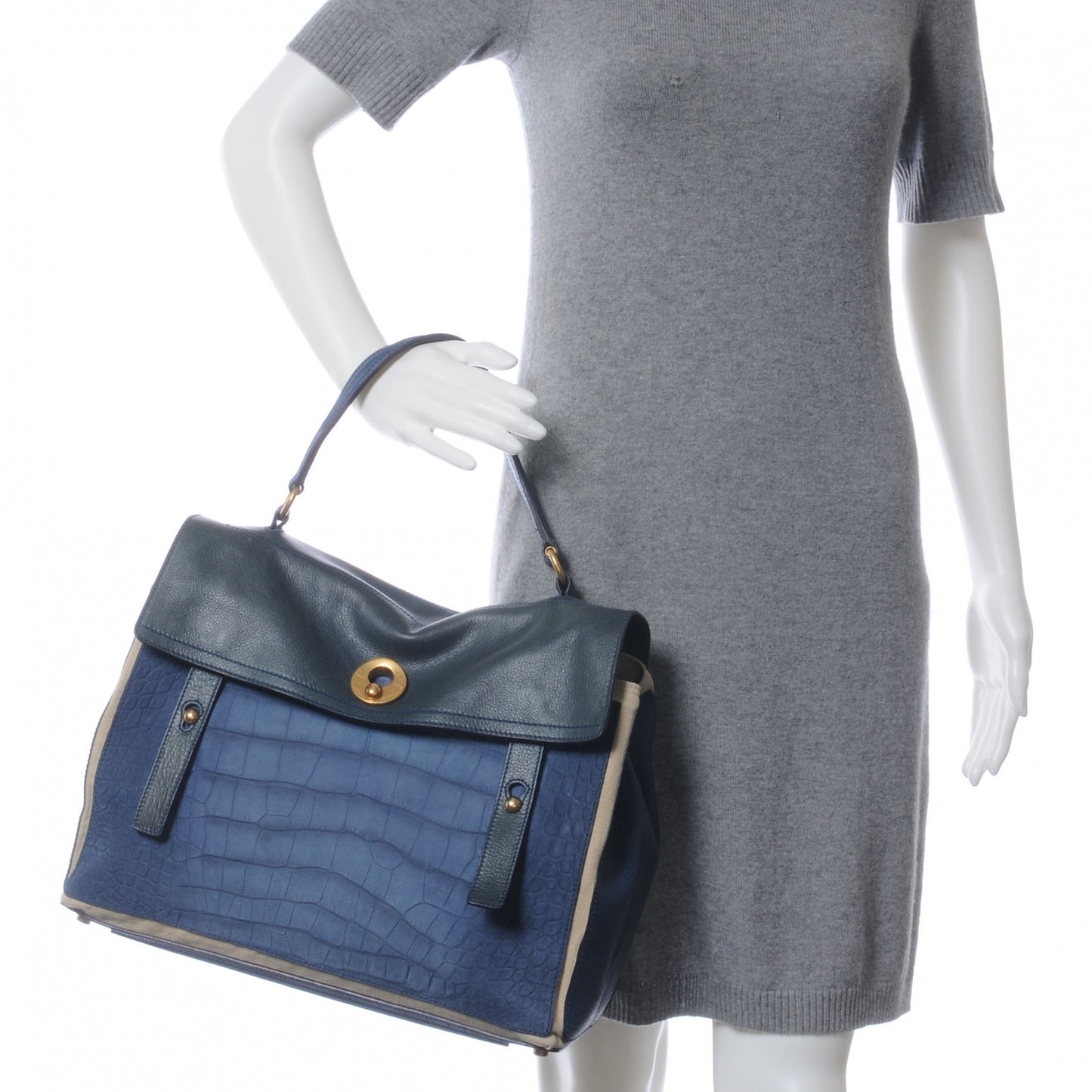 Leather Nubuck Crocodile Embossed Large Muse Two Blue