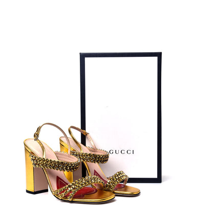Gucci Nappa Silk Crystal Bertie High Heel Sandals 38.5 Gold 11 of 11