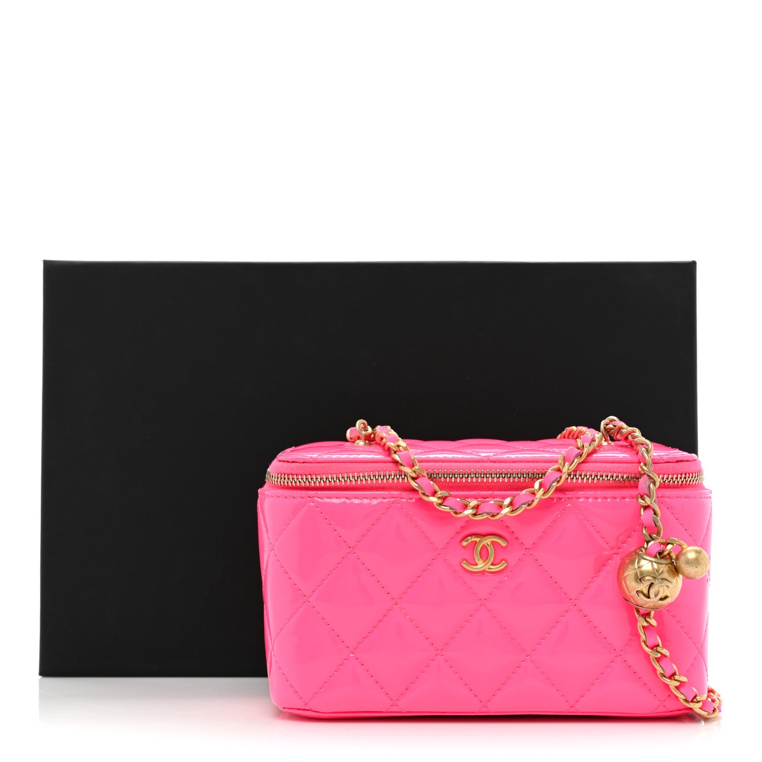 Chanel Patent Quilted Pearl Crush Small Vanity Case With Chain Neon Pink 15 of 15