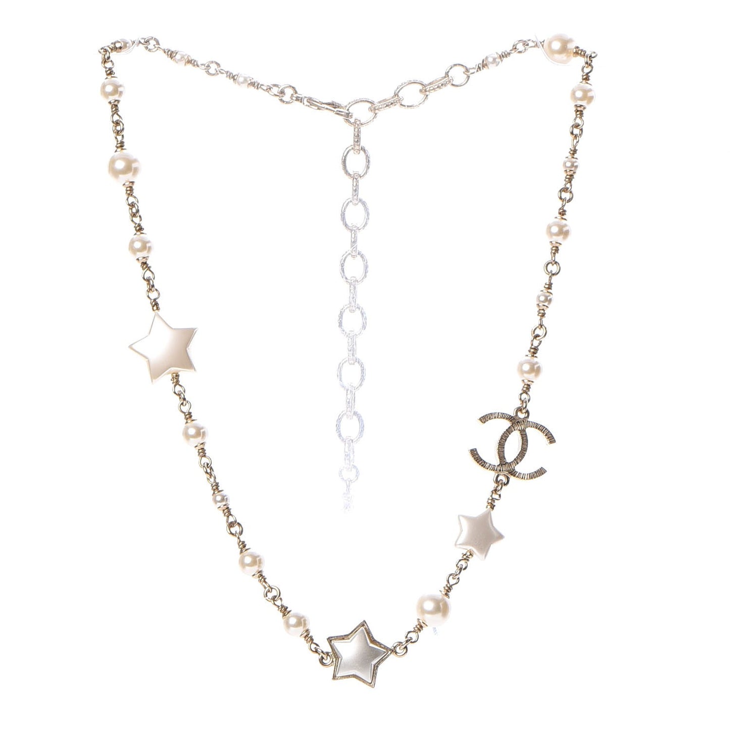 Metal Resin Pearl Star CC Necklace Gold