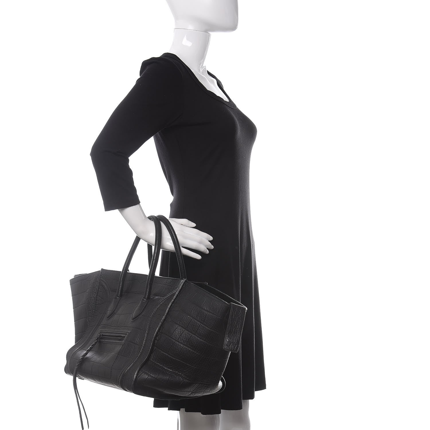 Celine Crocodile Embossed Calfskin Medium Phantom Luggage Black 2 of 9